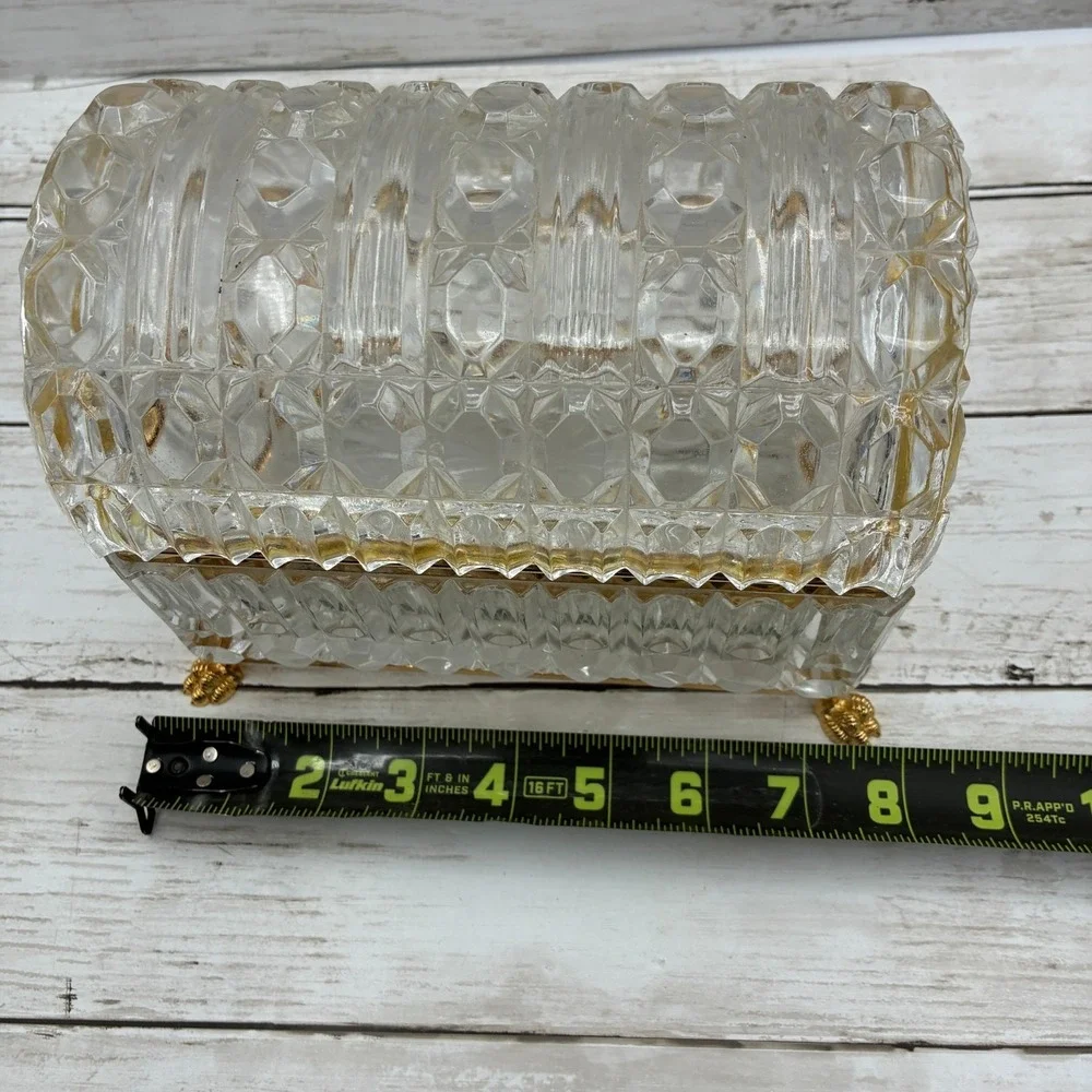 French Baccarat Style Jewelry Casket Footed Box Heavy Crystal Glass Hinged Lid